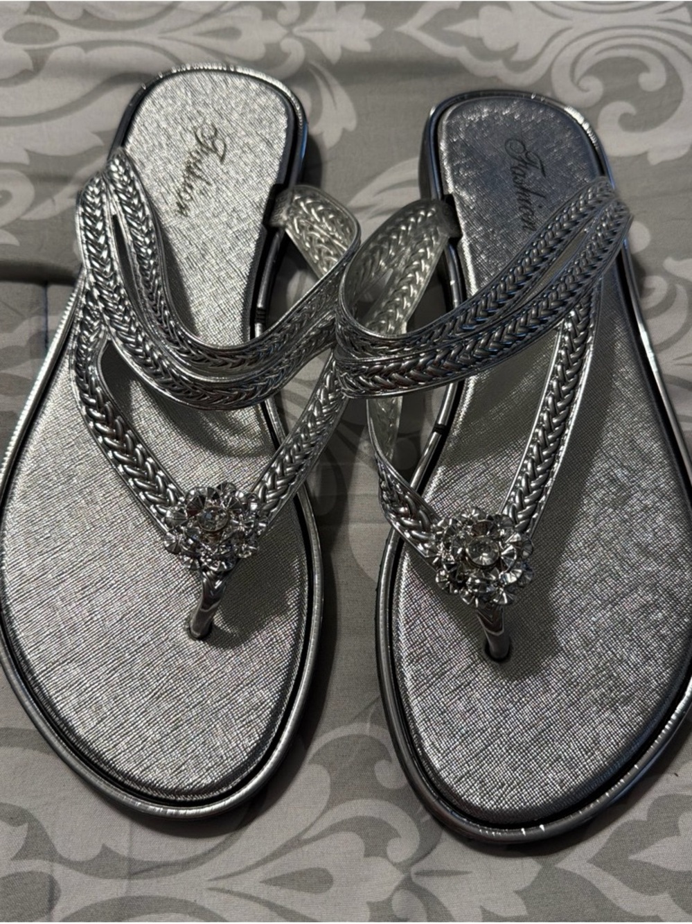 Women's Silver Embellished Thong Sandals